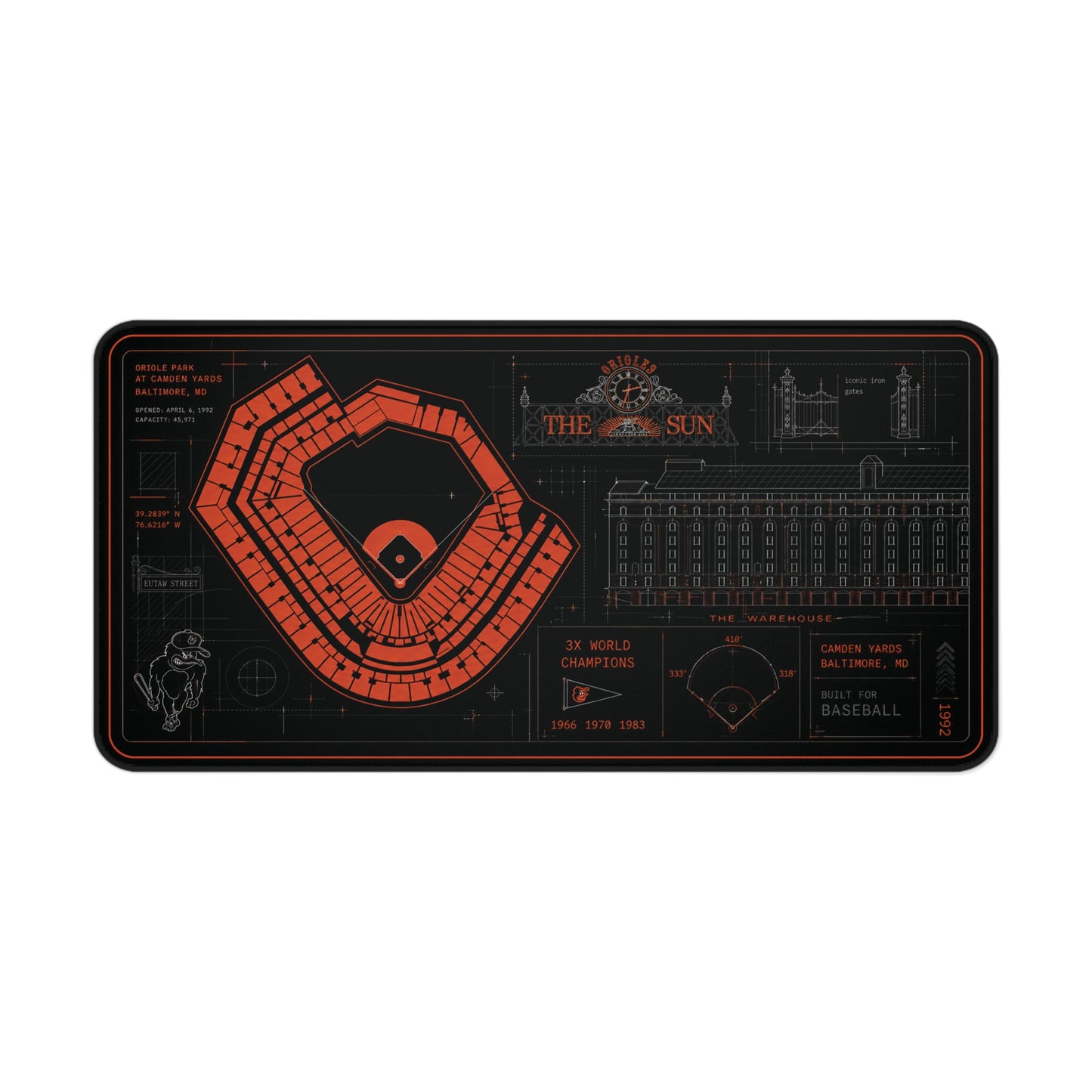 Camden Yards Desk Mat, Baltimore Stadium Blueprint Mouse Pad