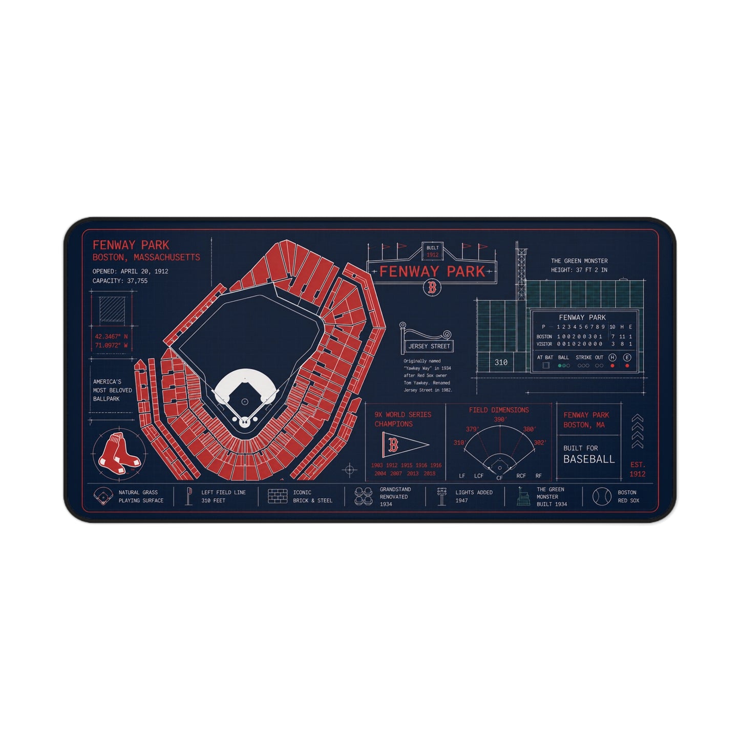 Fenway Park Desk Mat, Boston Stadium Blueprint Mouse Pad