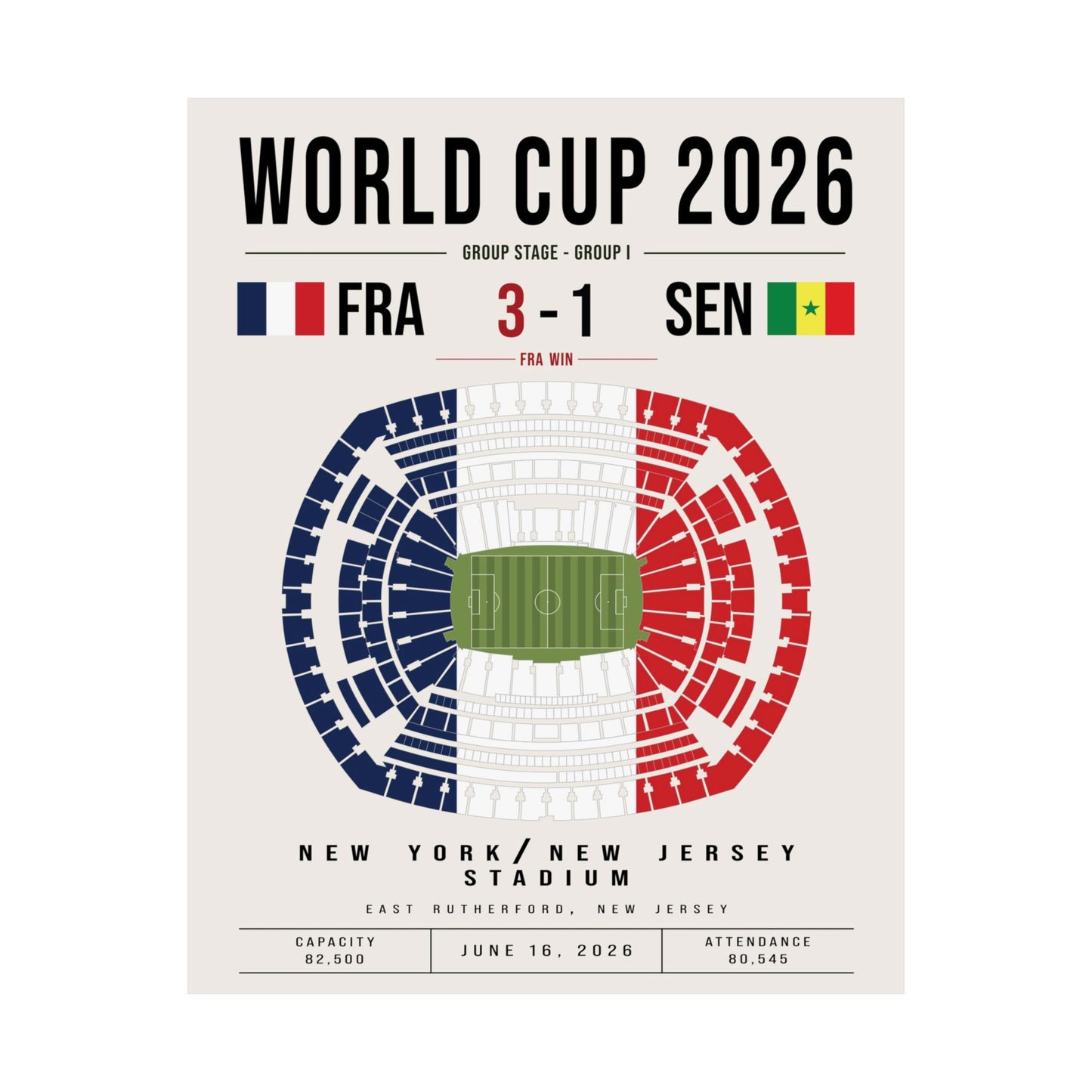 France vs. Senegal World Cup Match Poster – Stadium Seat Map with French Flag