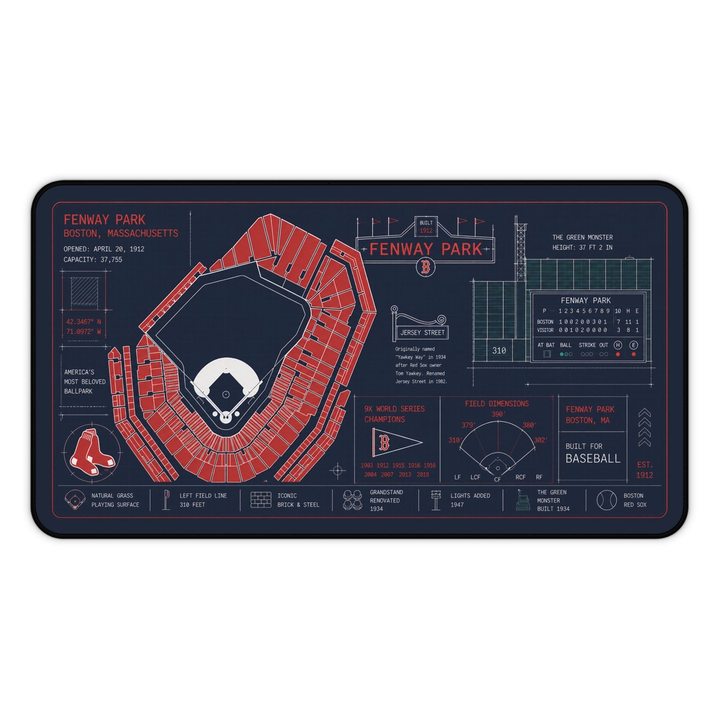 Fenway Park Desk Mat, Boston Stadium Blueprint Mouse Pad