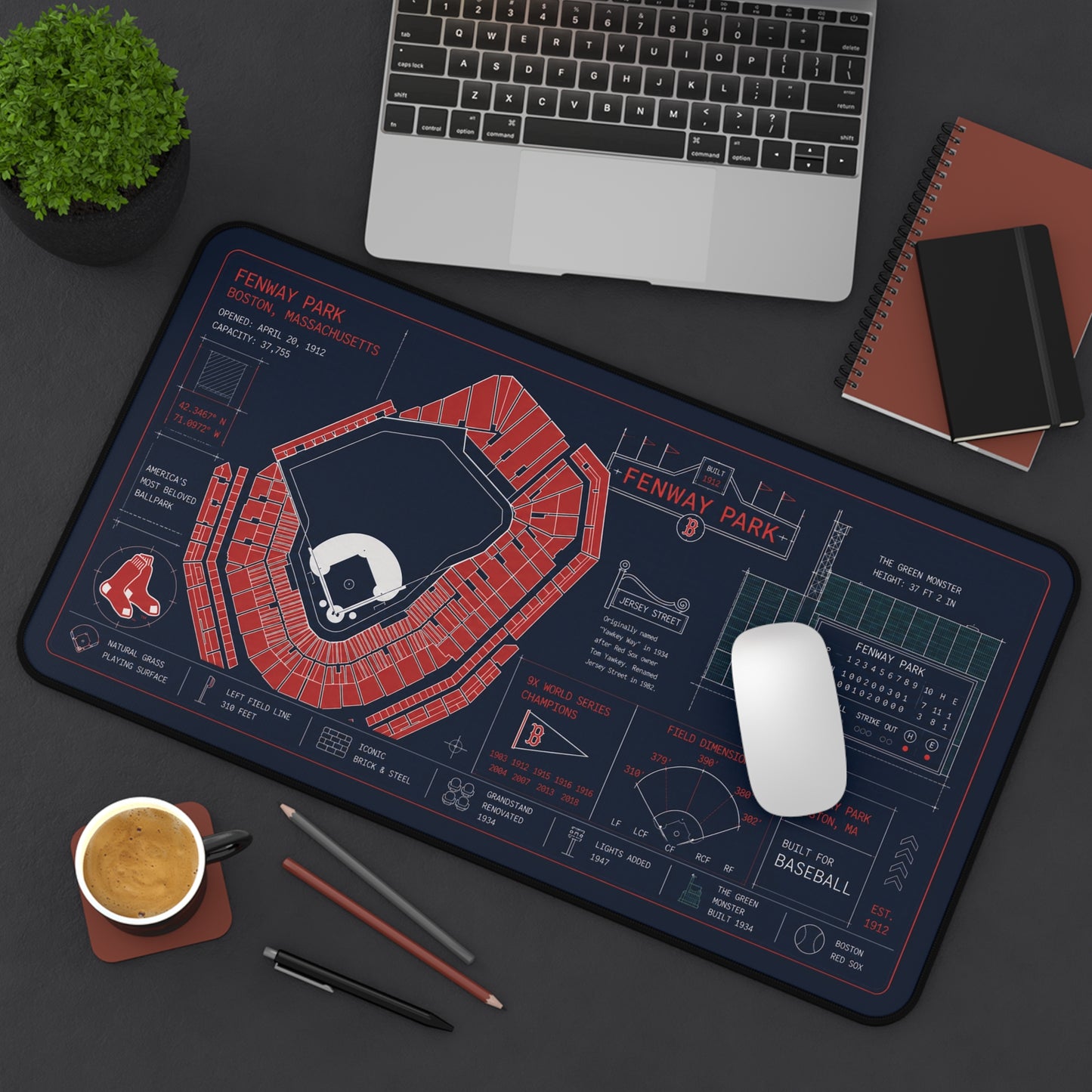 Fenway Park Desk Mat, Boston Stadium Blueprint Mouse Pad