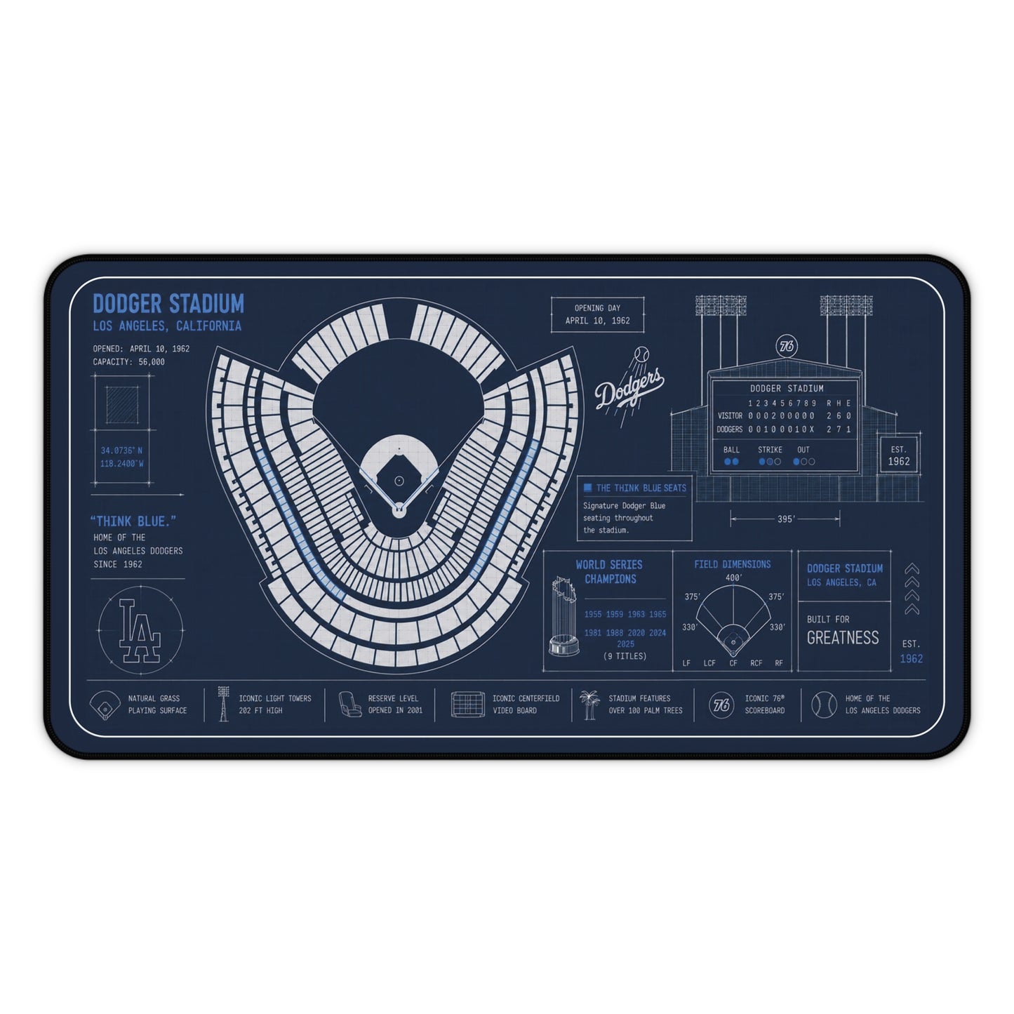 Dodger Stadium Blueprint Desk Mat | Baseball Stadium Layout Mouse Pad
