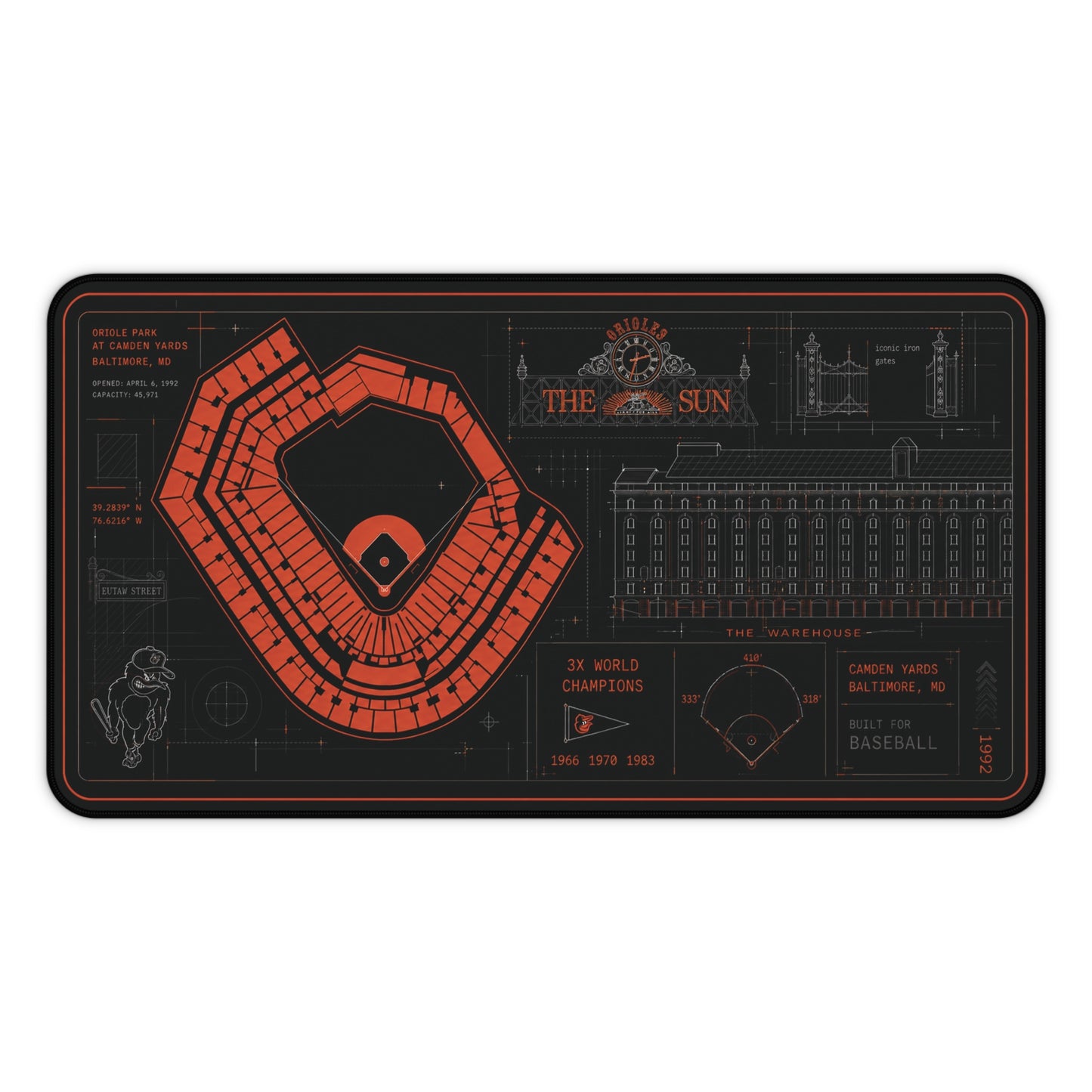 Camden Yards Desk Mat, Baltimore Stadium Blueprint Mouse Pad