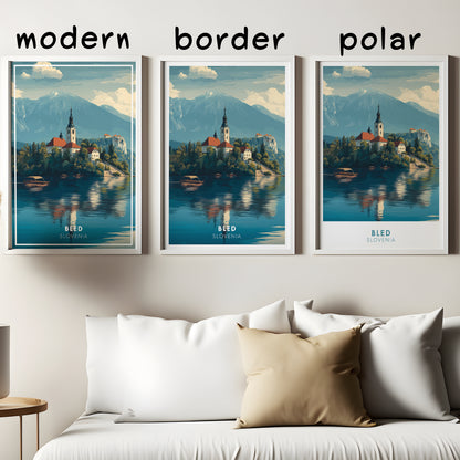 Lake Bled Slovenia Wall Art | European Travel Poster, Alpine Landscape Print, Castle and Church Scenic Decor
