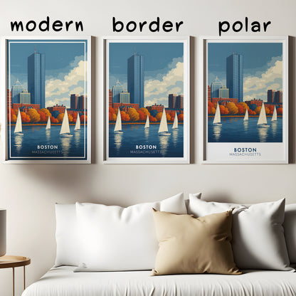 Boston Massachusetts Poster | Charles River Sailboat Art Print | Modern Travel Poster of Boston Skyline | Coastal Wall Art