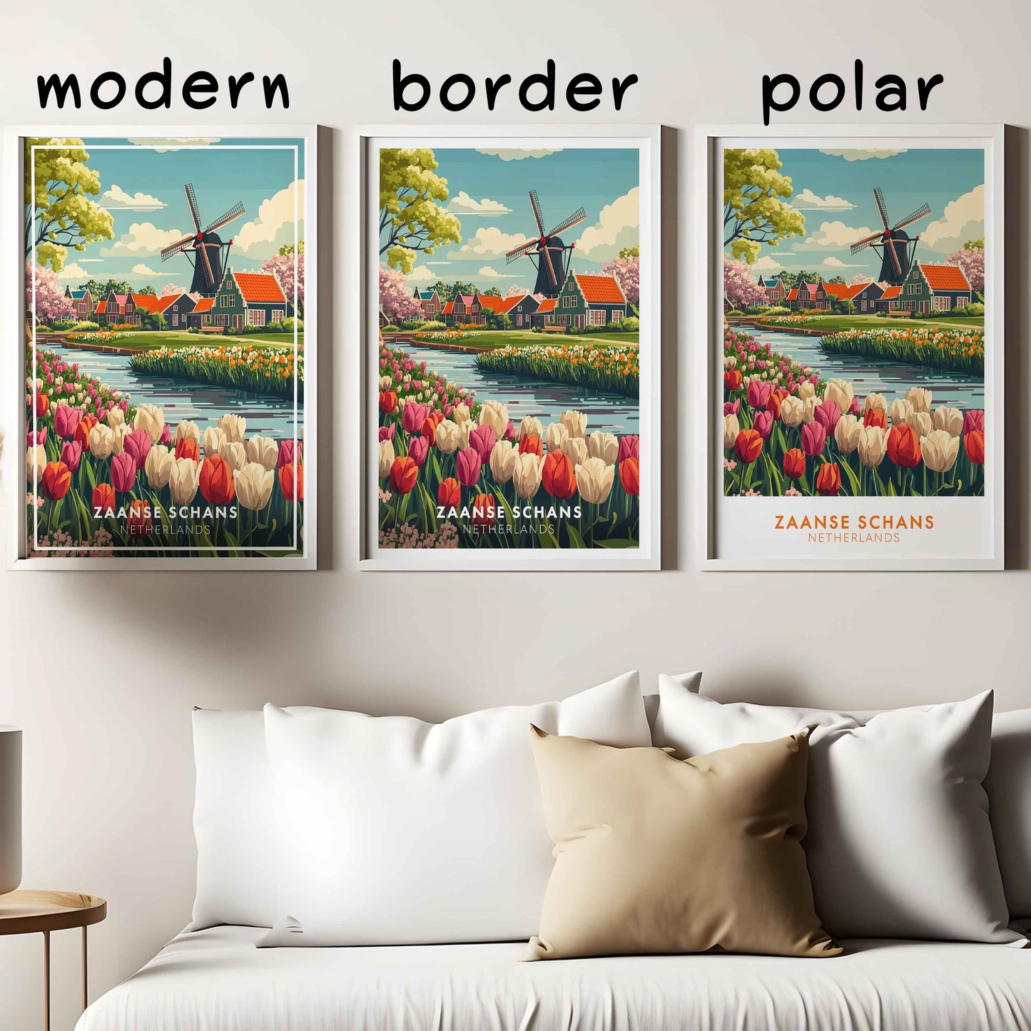 Zaanse Schans Poster – Netherlands Travel Wall Art, Windmill and Tulip Field Print