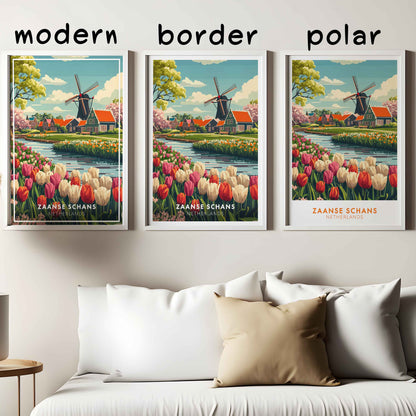 Zaanse Schans Poster – Netherlands Travel Wall Art, Windmill and Tulip Field Print
