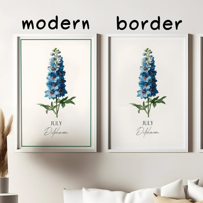 July Birth Flower Poster – Delphinium Art Print – Vintage Botanical Birthday Gift