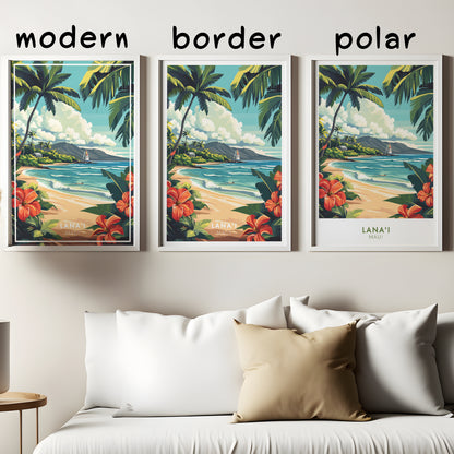 Lanai Maui Hawaii Poster | Tropical Beach Wall Art, Hawaiian Travel Print, Palm Tree Coastal Decor, Retro Island Illustration