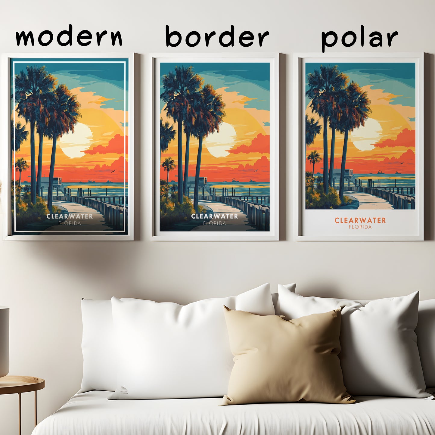 Clearwater Florida Poster | Beach Sunset Wall Art, Tropical Coastal Print, Palm Tree Illustration, Ocean Travel Decor