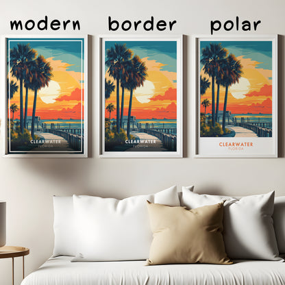 Clearwater Florida Poster | Beach Sunset Wall Art, Tropical Coastal Print, Palm Tree Illustration, Ocean Travel Decor