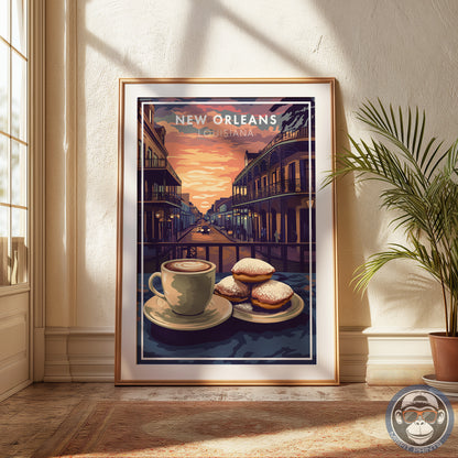 New Orleans Coffee & Beignets Print: French Quarter Vintage Travel Poster