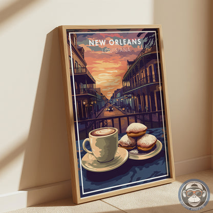 New Orleans Coffee & Beignets Print: French Quarter Vintage Travel Poster