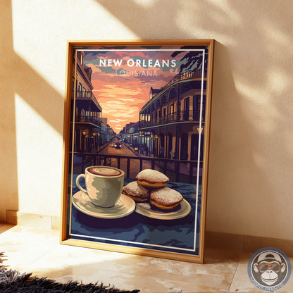 New Orleans Coffee & Beignets Print: French Quarter Vintage Travel Poster