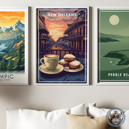 New Orleans Coffee & Beignets Print: French Quarter Vintage Travel Poster