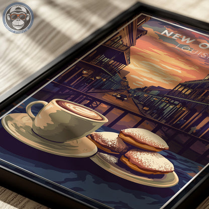 New Orleans Coffee & Beignets Print: French Quarter Vintage Travel Poster