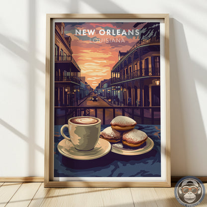 New Orleans Coffee & Beignets Print: French Quarter Vintage Travel Poster