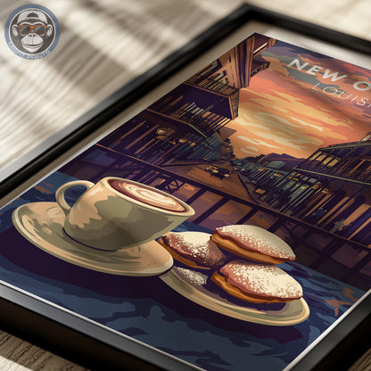 New Orleans Coffee & Beignets Print: French Quarter Vintage Travel Poster