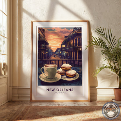 New Orleans Coffee & Beignets Print: French Quarter Vintage Travel Poster