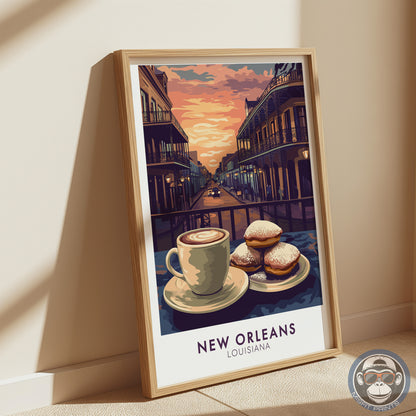 New Orleans Coffee & Beignets Print: French Quarter Vintage Travel Poster