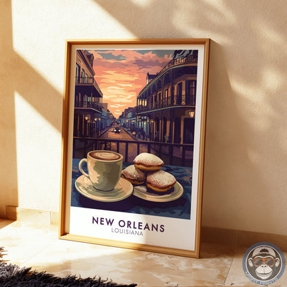 New Orleans Coffee & Beignets Print: French Quarter Vintage Travel Poster