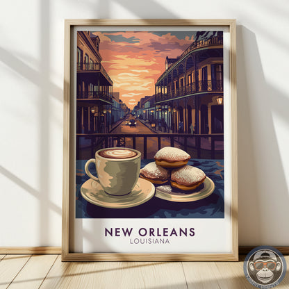 New Orleans Coffee & Beignets Print: French Quarter Vintage Travel Poster