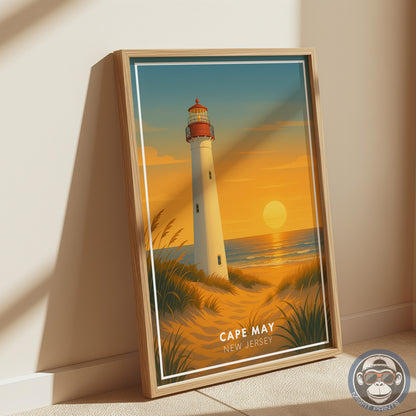 Cape May Lighthouse Poster – New Jersey Coastal Wall Art – Minimalist Travel Print – Beach Sunset Home Decor