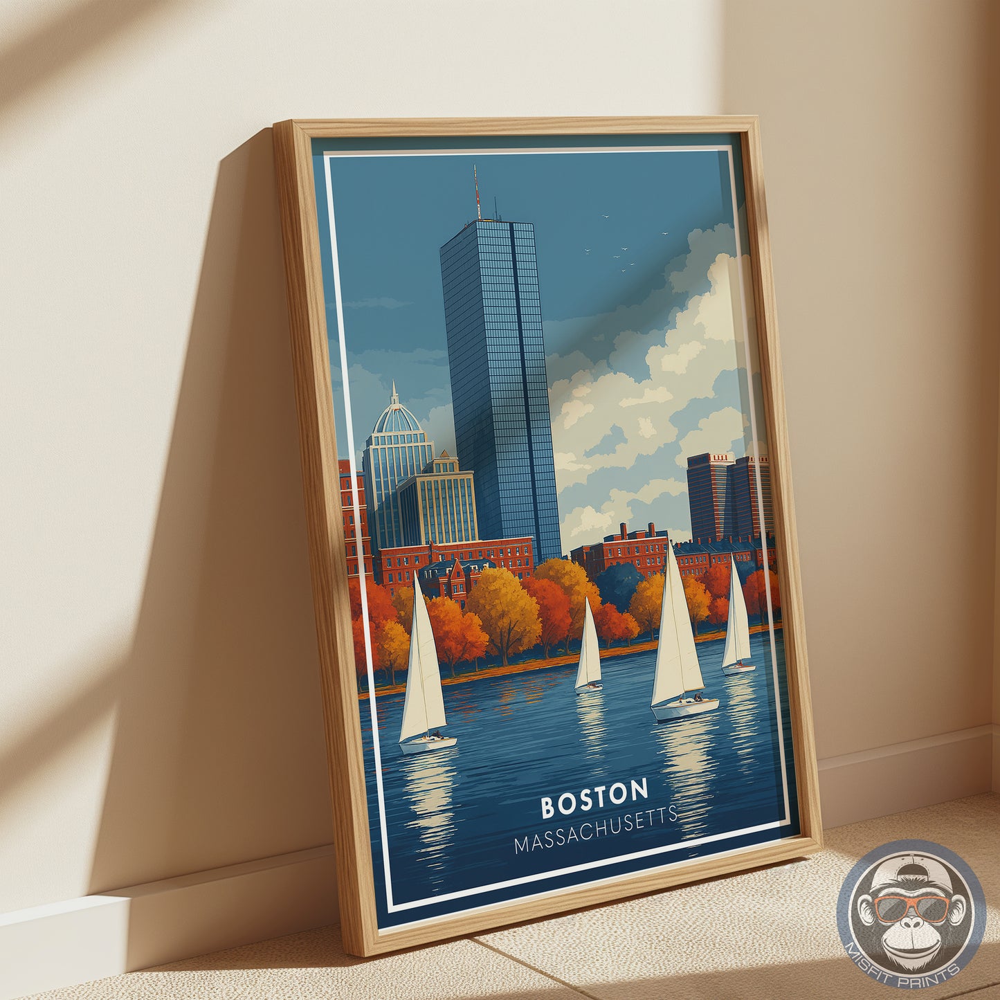 Boston Massachusetts Poster | Charles River Sailboat Art Print | Modern Travel Poster of Boston Skyline | Coastal Wall Art