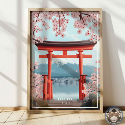 Tokyo Poster – Japan Travel Wall Art, Mount Fuji Print, Torii Gate and Cherry Blossom Decor
