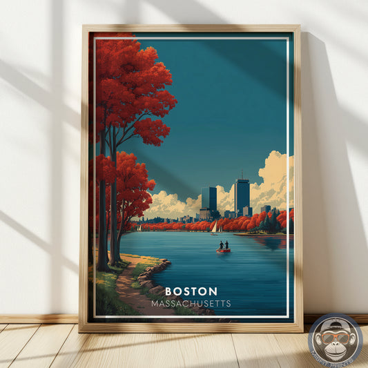 Boston, Massachusetts Travel Poster Print | Autumn Skyline Art | Charles River Sailboats