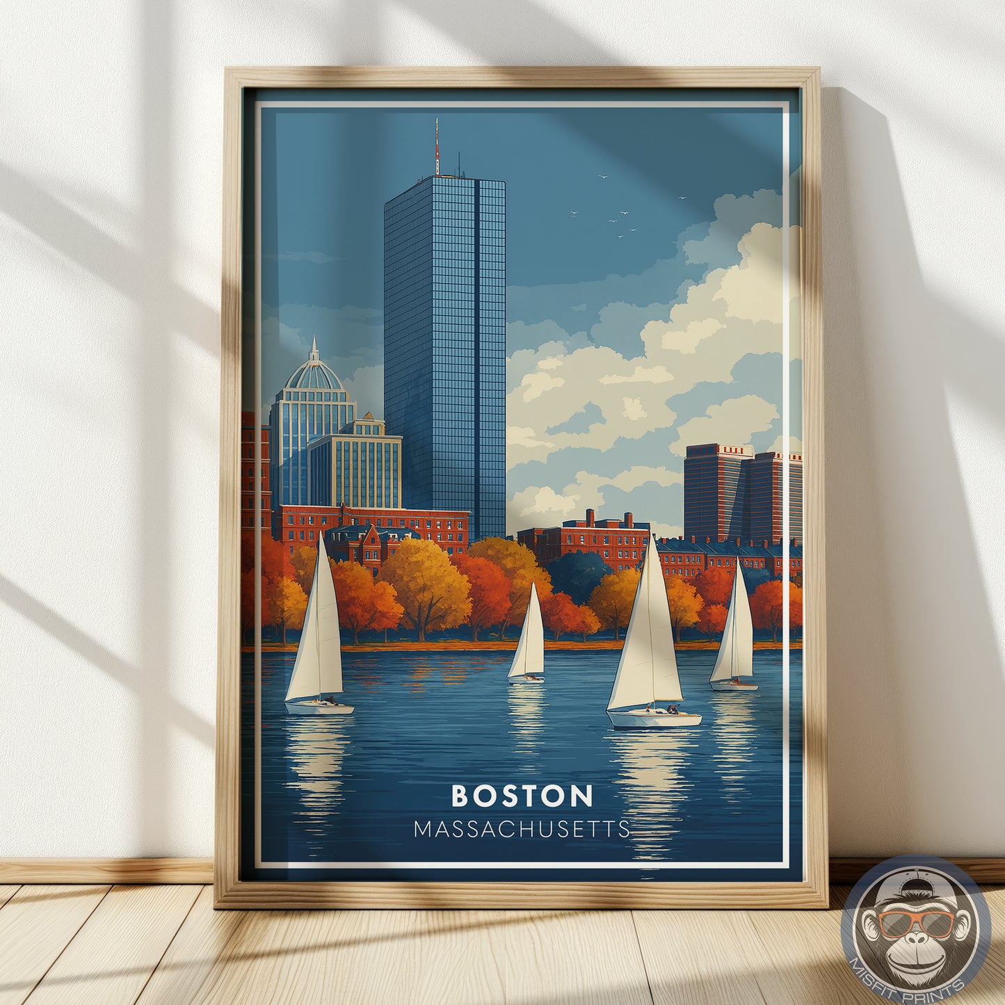 Boston Massachusetts Poster | Charles River Sailboat Art Print | Modern Travel Poster of Boston Skyline | Coastal Wall Art