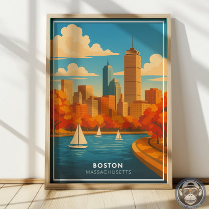 Boston Travel Poster - Sailboats on Charles River - Skyline Art Print