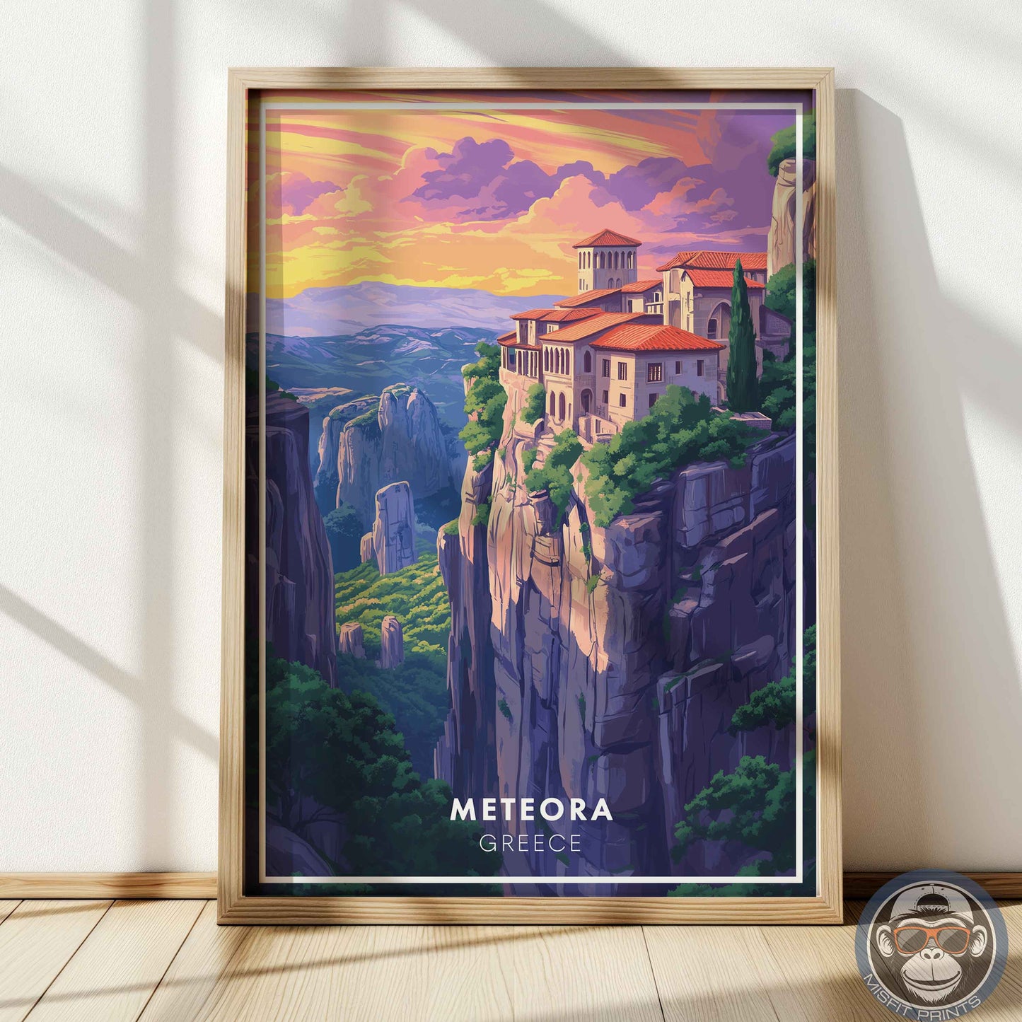 Meteora Greece Poster – Monastery Wall Art, Mountain Travel Print, European Landscape Decor