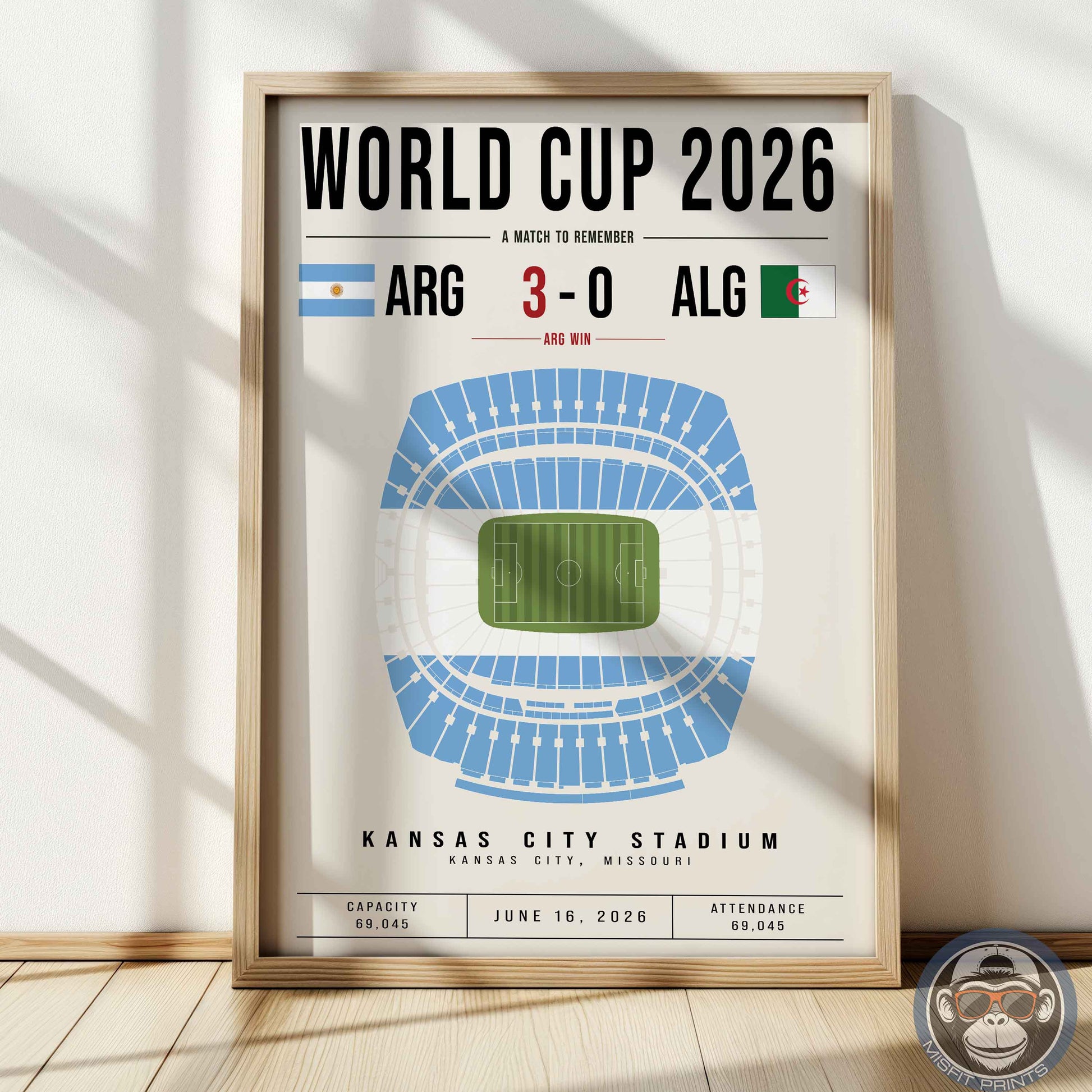 Framed poster of World Cup 2026 match between Argentina and Algeria at Kansas City Stadium.