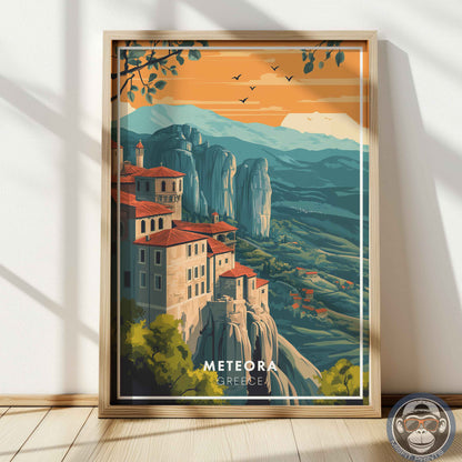 Meteora Greece Poster – Monastery Wall Art, European Travel Print, Mountain Landscape Decor
