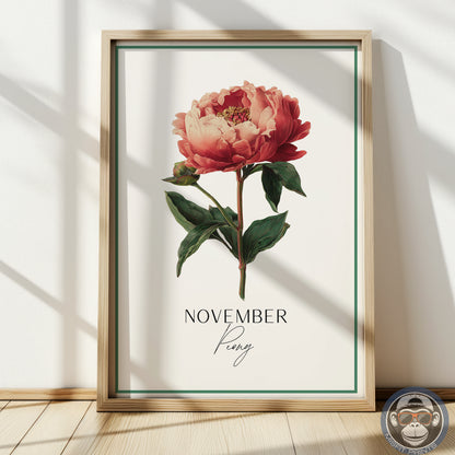 November Birth Flower Art Print – Peony Botanical Illustration Poster