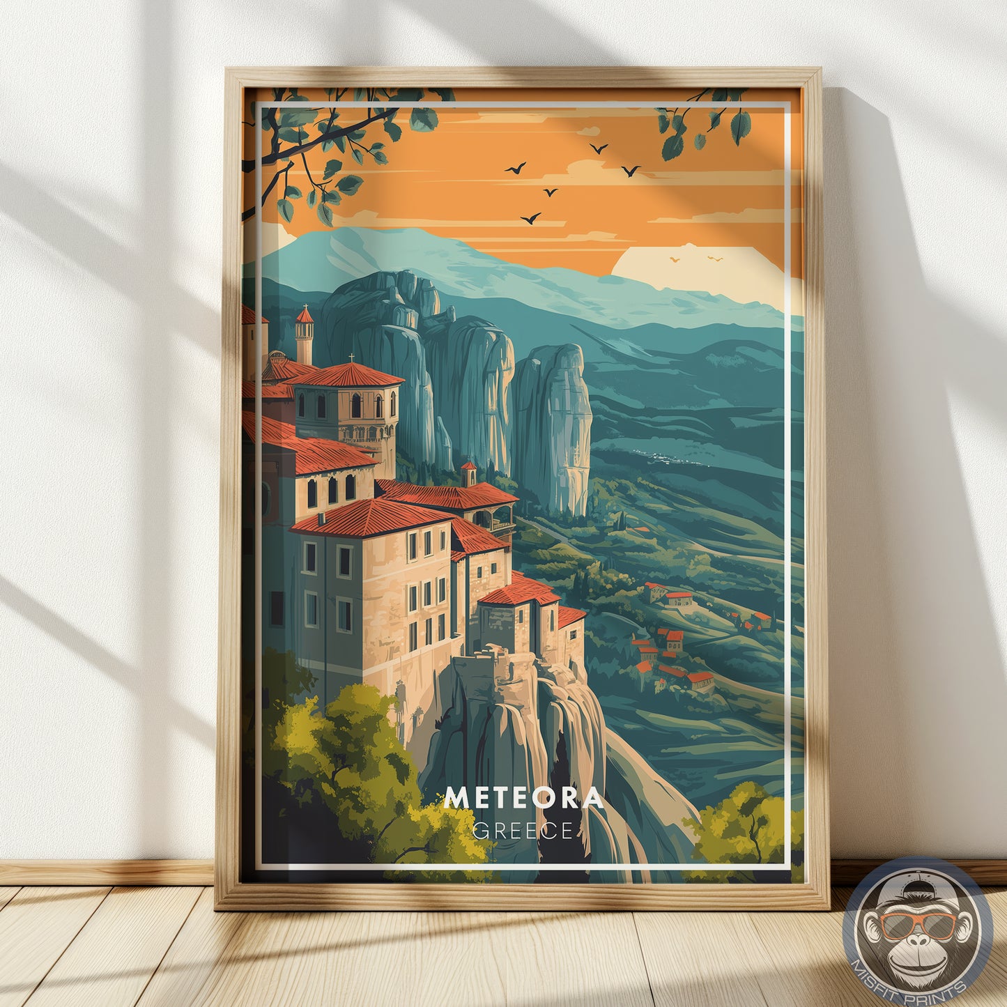 Meteora Greece Travel Poster: Vintage Mountain Art Print