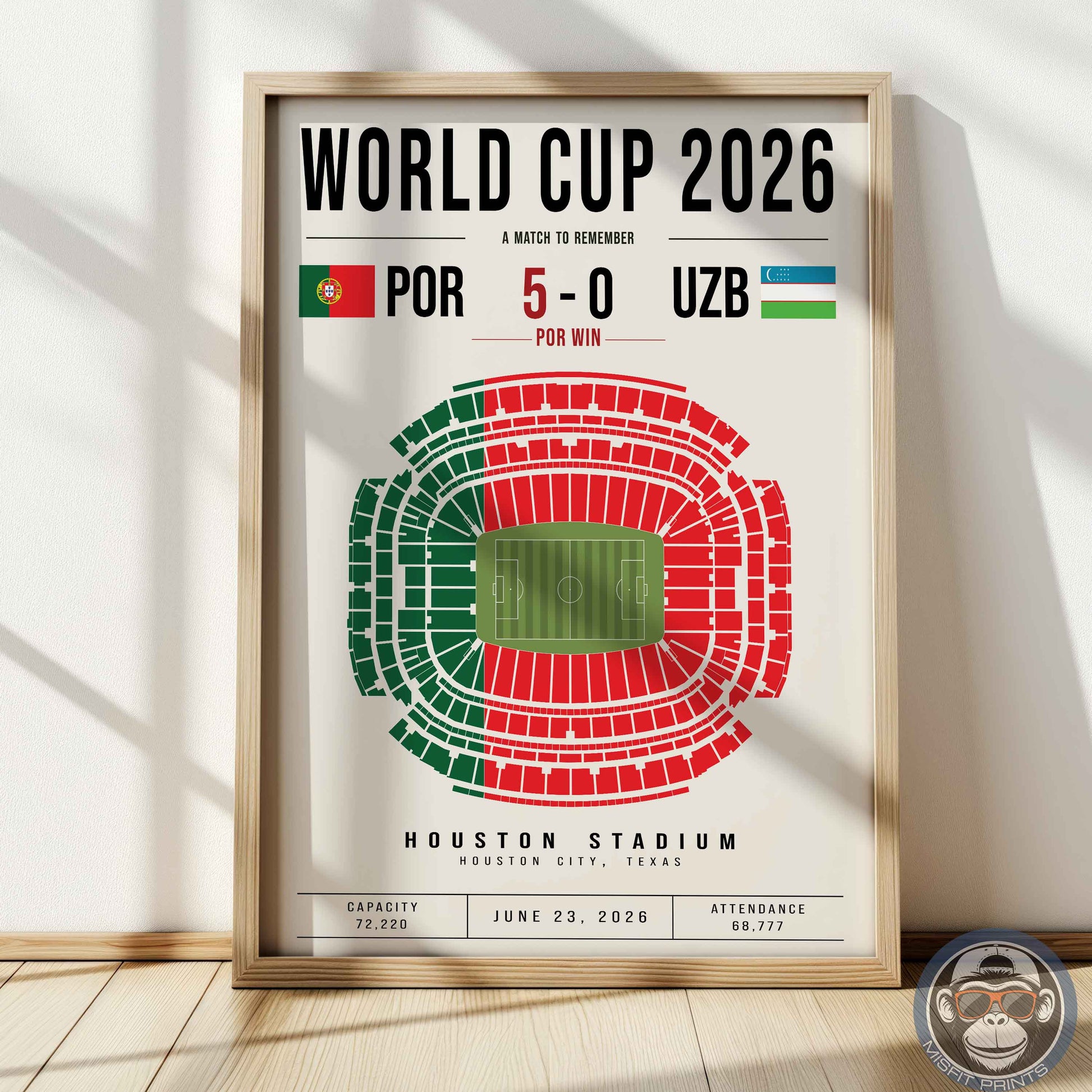 Framed poster of World Cup 2026 match between Portugal and Uzbekistan, featuring a stadium layout.
