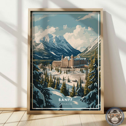 Banff Poster – Canada Travel Wall Art, Rocky Mountain Winter Print, Castle Hotel Decor