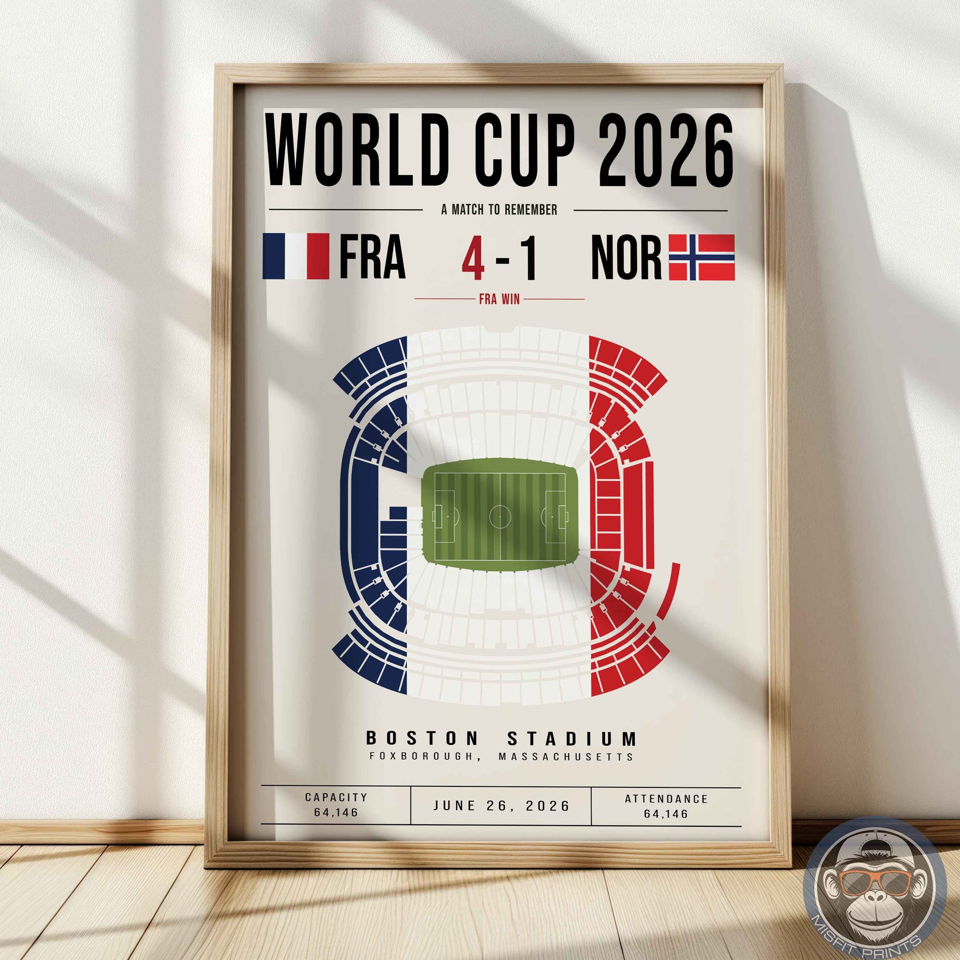 Framed poster of World Cup 2026 match between France and Norway at Boston Stadium.