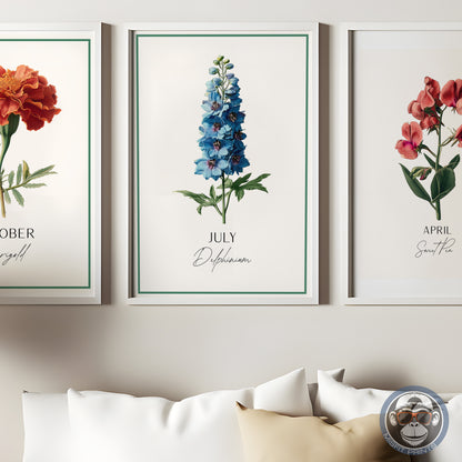 July Birth Flower Poster – Delphinium Art Print – Vintage Botanical Birthday Gift