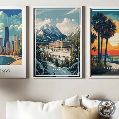 Banff Poster – Canada Travel Wall Art, Rocky Mountain Winter Print, Castle Hotel Decor