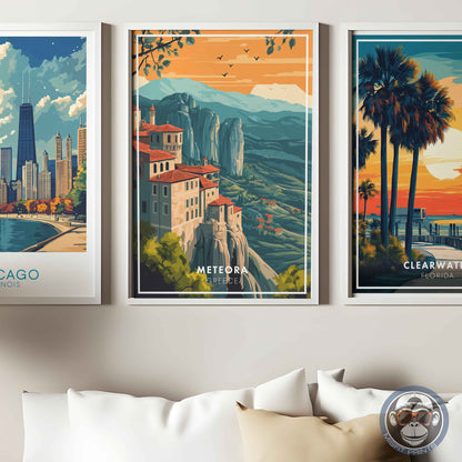 Meteora Greece Poster – Monastery Wall Art, European Travel Print, Mountain Landscape Decor