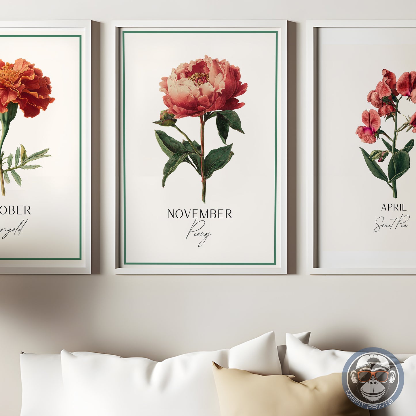 November Birth Flower Art Print – Peony Botanical Illustration Poster