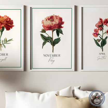 November Birth Flower Art Print – Peony Botanical Illustration Poster