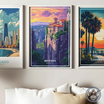 Meteora Greece Poster – Monastery Wall Art, Mountain Travel Print, European Landscape Decor