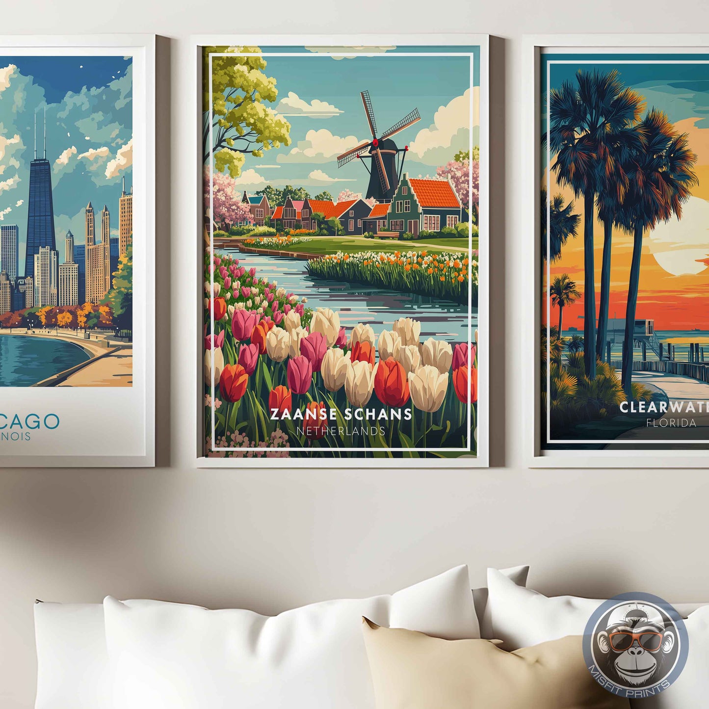 Zaanse Schans Poster – Netherlands Travel Wall Art, Windmill and Tulip Field Print