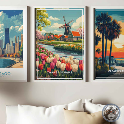 Zaanse Schans Poster – Netherlands Travel Wall Art, Windmill and Tulip Field Print