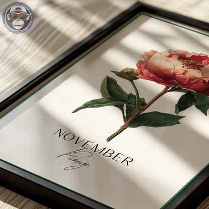 November Birth Flower Art Print – Peony Botanical Illustration Poster