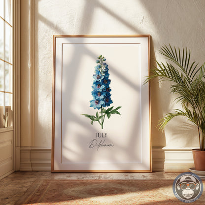 July Birth Flower Poster – Delphinium Art Print – Vintage Botanical Birthday Gift